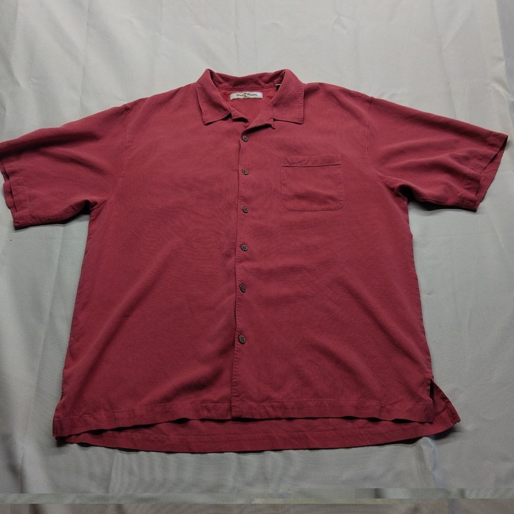 Tommy Bahama Men's XL Coral Red 100% Silk Camp Shirt Short Sleeve Button Up